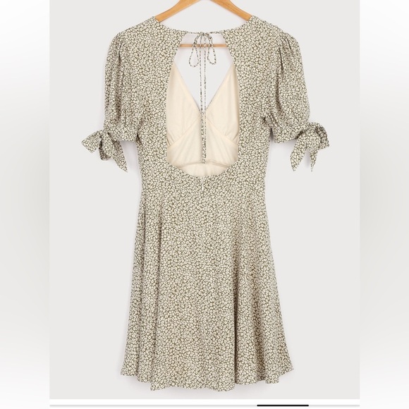 Lulus Olive Green Print Puff Sleeve Open Back Mini Dainity Dress Semi Formal - Picture 4 of 12